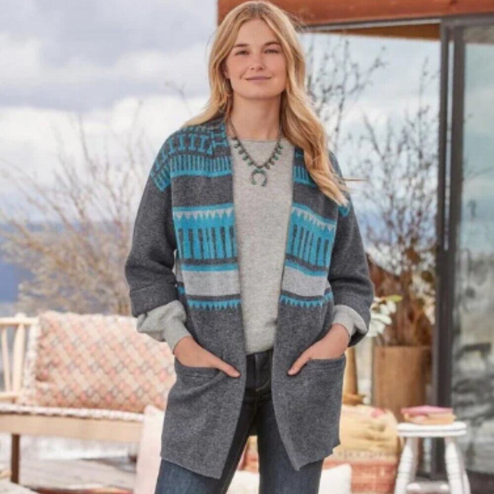 Soft Surroundings Quiet Isle Gray Blue Cuff Sleeve Long Open Pocket Cardigan M